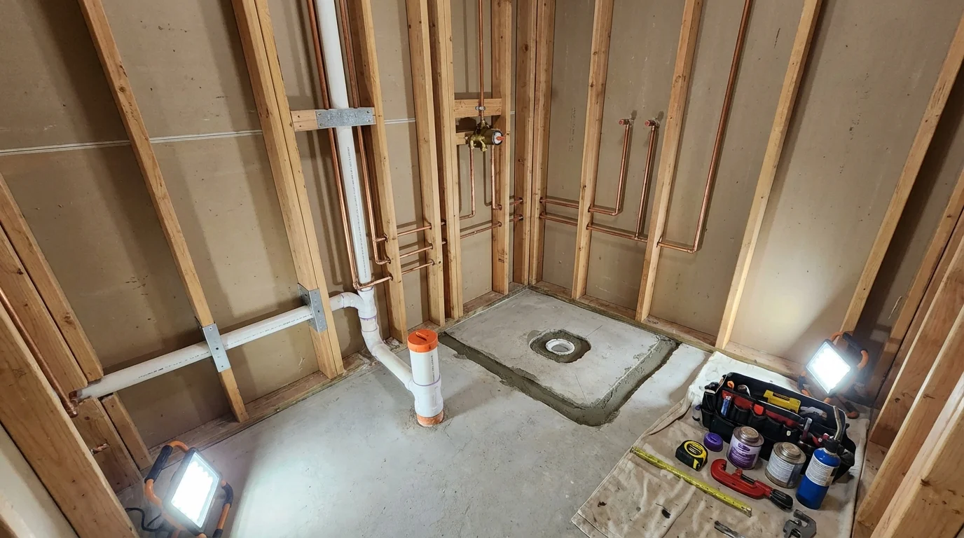 Bathroom rough-in plumbing during remodel by Johns Plumbing LLC in Jamaica