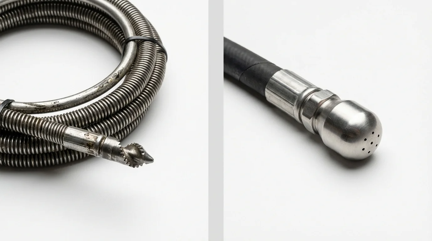 Drain snake cable and hydro jetting nozzle used for drain cleaning in Jamaica, NY