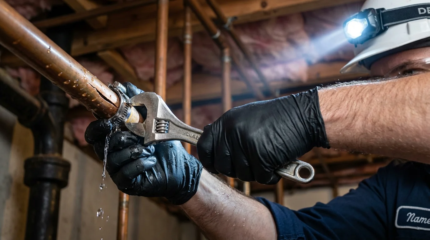 Emergency pipe clamp repair being performed by a Johns Plumbing LLC plumber in Jamaica
