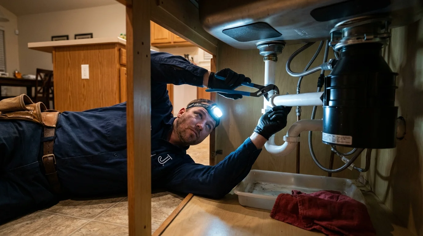 P-trap and supply line connections under a kitchen sink showing a common leak point in Jamaica, NY